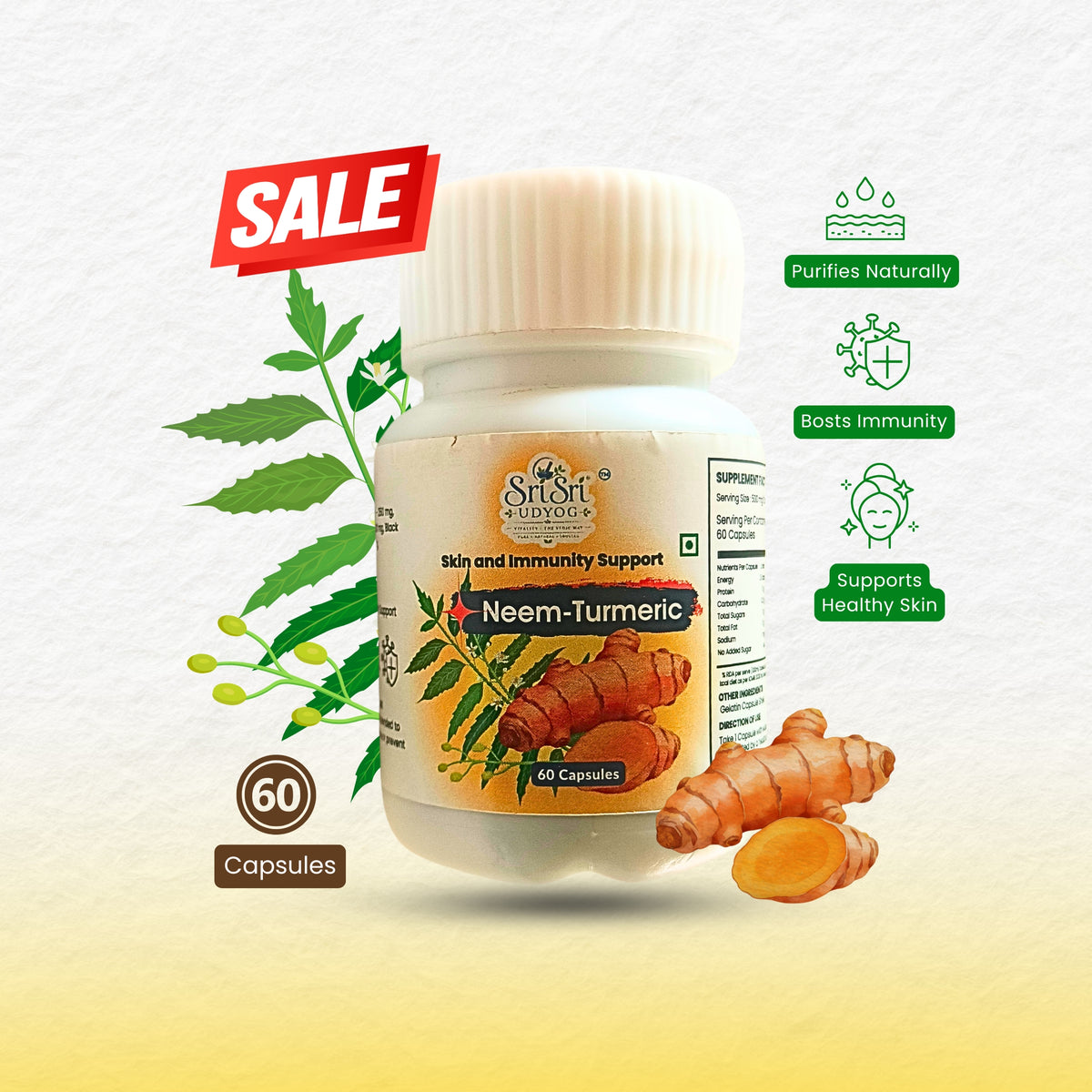 Neem-Turmeric Capsules – Skin & Immunity Support - 60 Capsules
