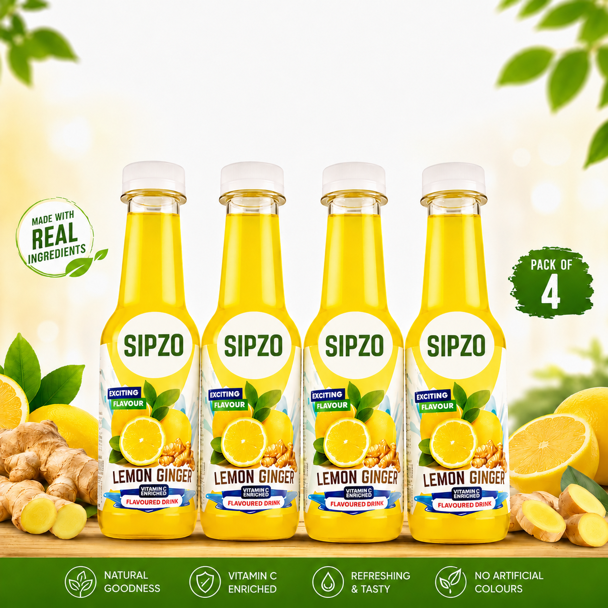 SIPZO Lemon Ginger Flavoured Drink (Pack of 4)