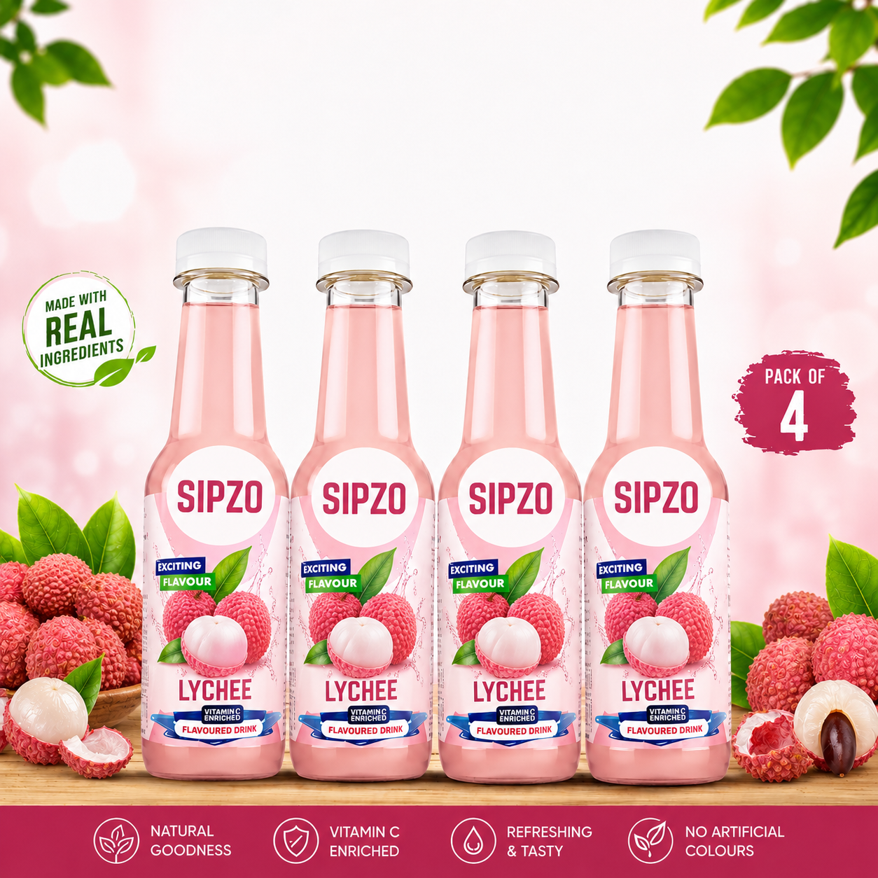 SIPZO Litchi with Chia Seeds Flavoured Drink (Pack of 4)