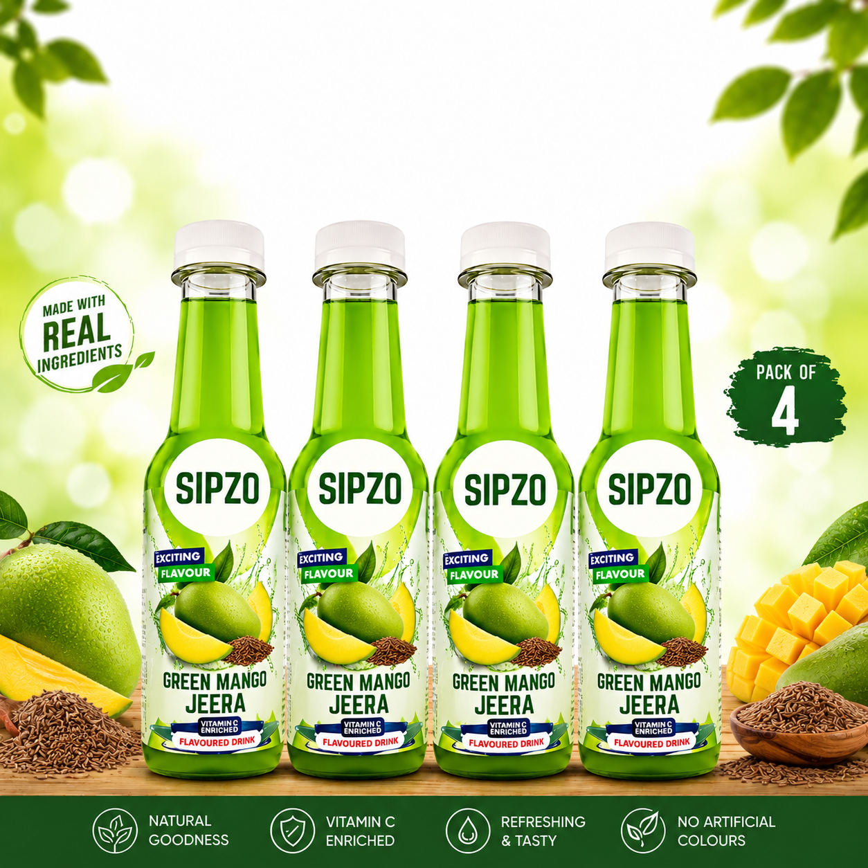 SIPZO Green Mango Jeera Flavoured Drink (Pack of 4)